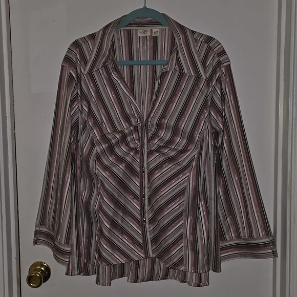 Cato Multistripe Button-Front Blouse in Pink, White and Brown - Picture 1 of 3